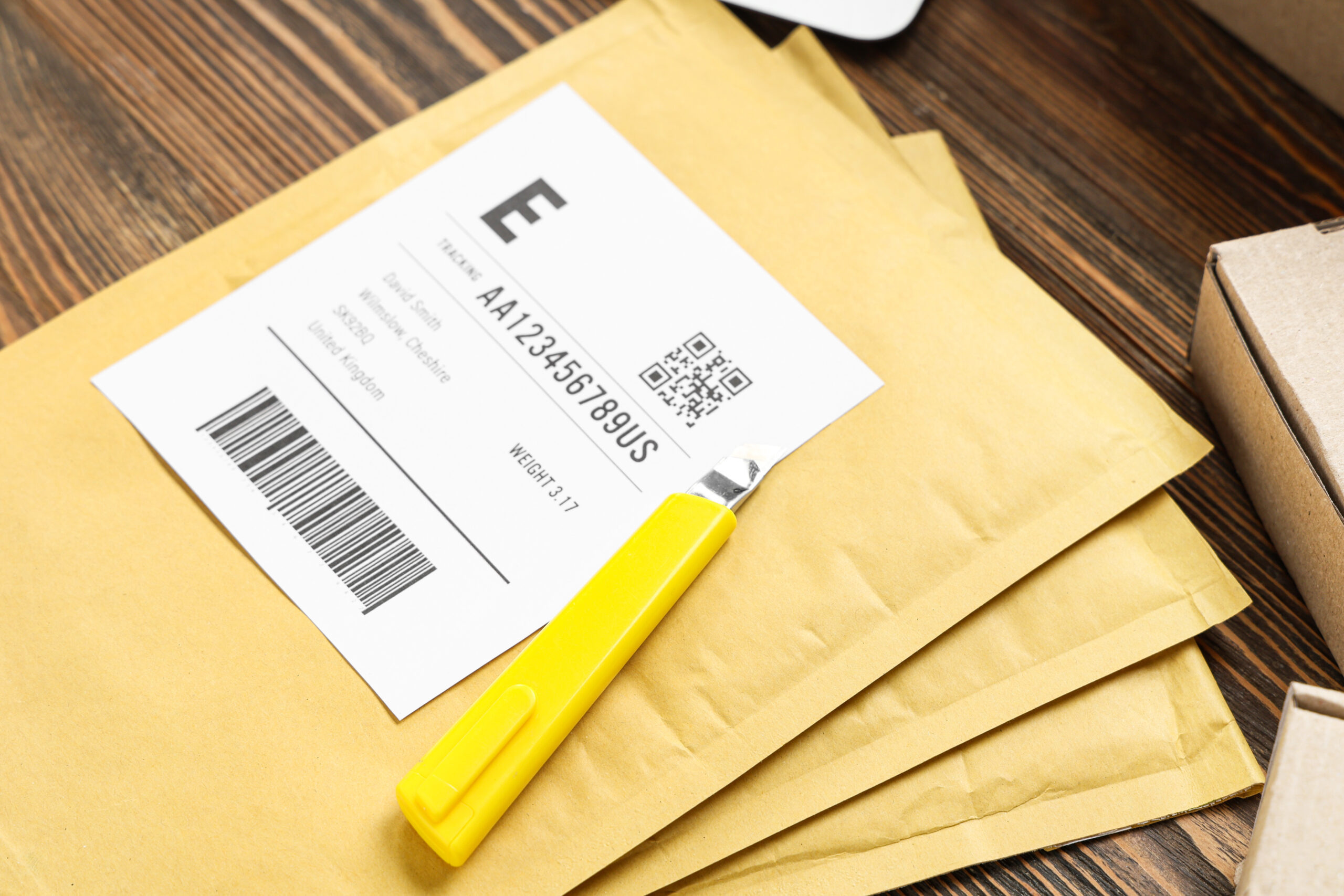Envelopes with utility knife and label on wooden table, closeup divi service section image 3